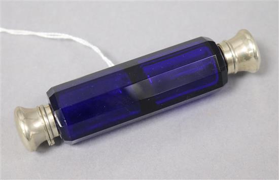 A white metal mounted Bristol Blue glass double ended scent bottle, 14cm.,